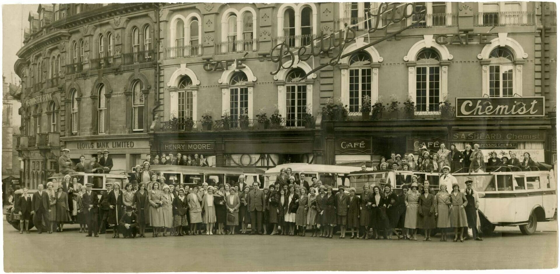 Bettys Harrogate staff photographed together outside the original shopfront