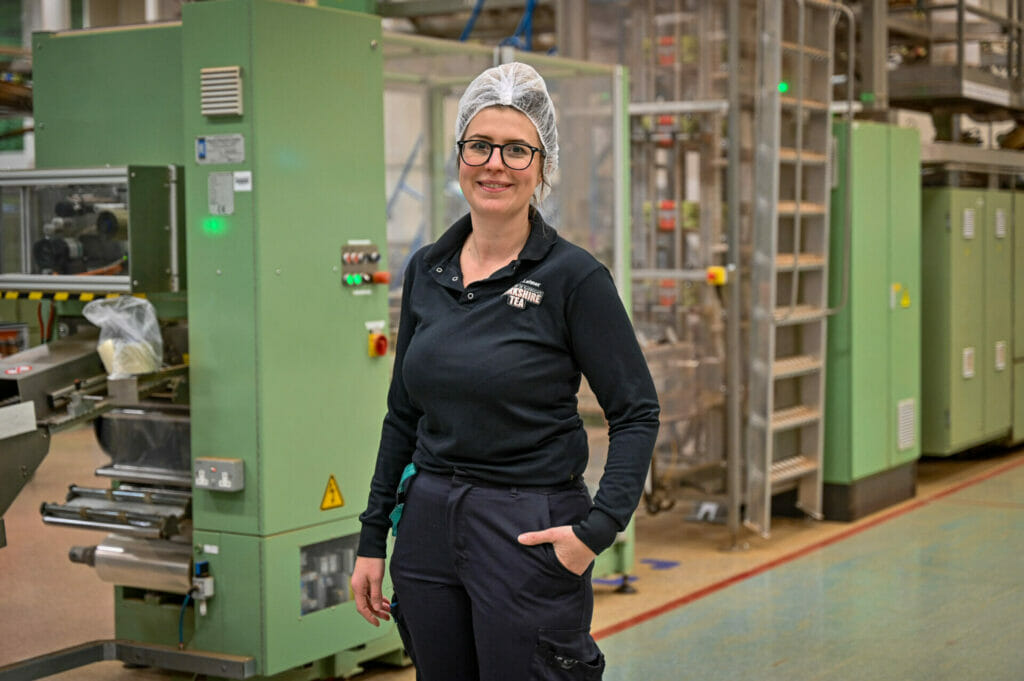 A lady working in the Yorkshire Tea factory