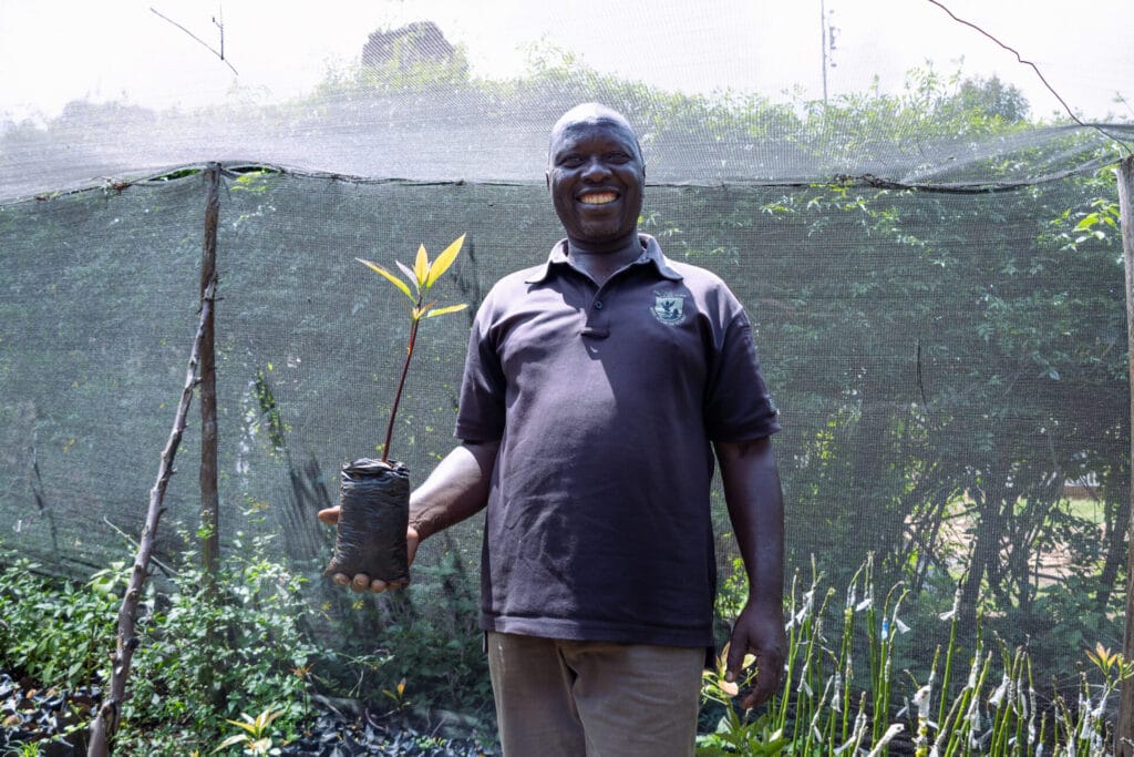 A TIST farmer holds a tree sapling, smiling proudly. He is standing in his seedling nursery, wearing a black polo shirt and beige trousers, smiling proudly.