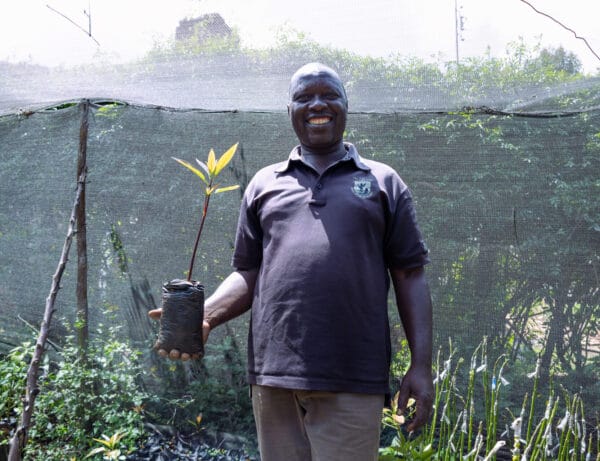 A TIST farmer holds a tree sapling, smiling proudly. He is standing in his seedling nursery, wearing a black polo shirt and beige trousers, smiling proudly.